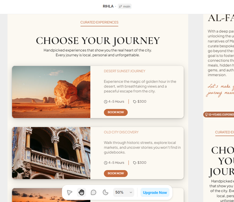 Warda_designs's tweet photo. Currently working on a section for my upcoming template "RIHLA" - designed for local tour guides.
Focusing on crafting a clean layout, smooth scrolling interactions and exploring color palettes and typography. Still a work in progress, but learning a lot while building this out. https://t.co/8VE8gHa57g