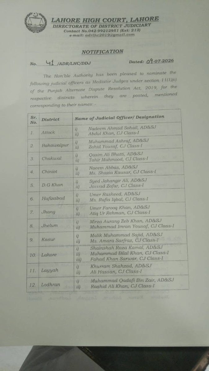 hylawpak's tweet photo. جاری کردہ نوٹیفکیشن کے مطابق متعلقہ اضلاع میں تعینات جوڈیشل افسران کو میڈی ایٹر ججز مقرر کیا گیا ہے تاکہ عدالتوں میں زیر التوا مقدمات اور دیگر قابلِ مصالحت تنازعات کو باہمی رضامندی اور مفاہمت کے ذریعے جلد از جلد حل کیا 
اس اقدام کا مقصدتنازعاتی حل (ADR) کے نظام کو فروغ دینا https://t.co/GnBwKELUYD