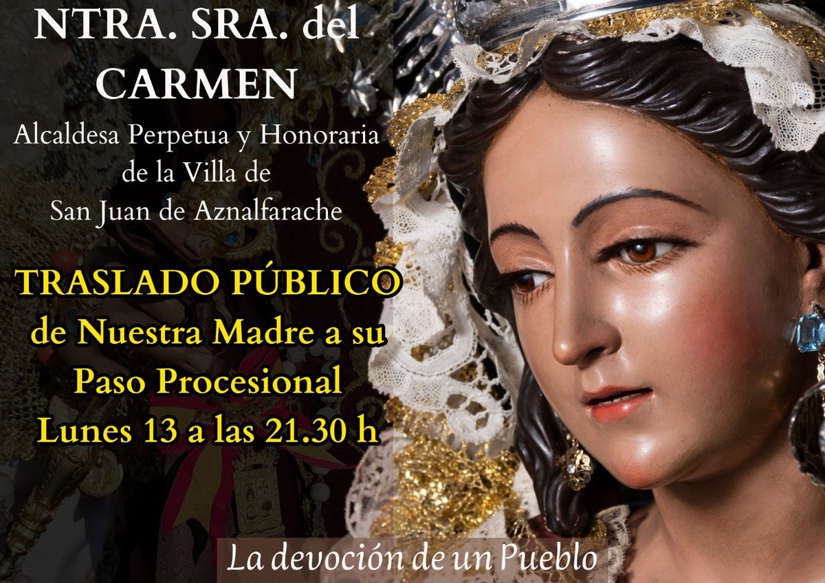 CarmendeSanJuan's tweet photo. 🟤AGENDA SEMANAL🟤

⏩TRASLADO Público de la Virgen al Paso 
Lunes 13 (21, 30h)
⏩DÍA de la Virgen.16 de Julio. Rezo del Sto. Rosario (20,30h) y a continuación Santa Misa. 
⏩Ofrenda de Flores Viernes 17 por la mañana y tarde
⏩SALIDA PROCESIONAL. Día 18 (20,30) https://t.co/x1FKW6haxR