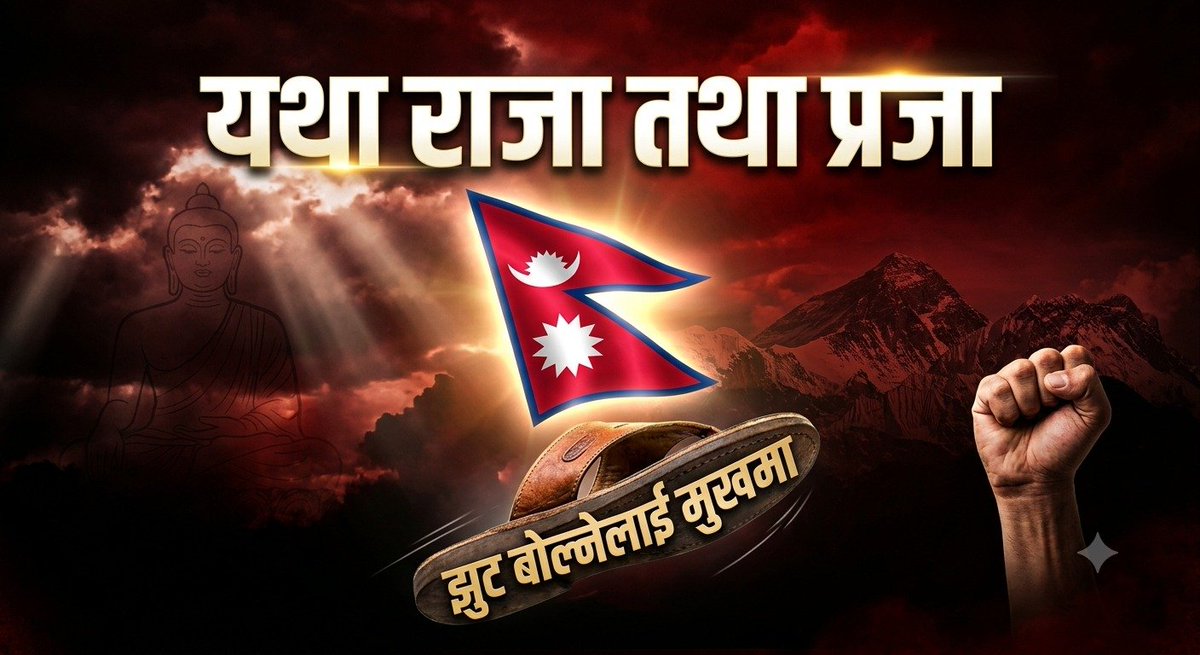 Official_CKA's tweet photo. "यथा राजा तथा प्रजा" – नेताको झुटले प्रजालाई विनाशतिर धकेल्दैछ।
MCC, सहकारी घोटाला, BYD, गणेशको आत्मदाह – जे नेताले गर्छ, प्रजा त्यस्तै बन्दैछ।
अब चुप बस्ने दिन सकियो – झुट बोल्नेलाई मुखमा जुत्ता ! 🇳🇵
#यथा_राजा_तथा_प्रजा #NepalAwakening #SaveNepal https://t.co/Gwvef5Qcdw
