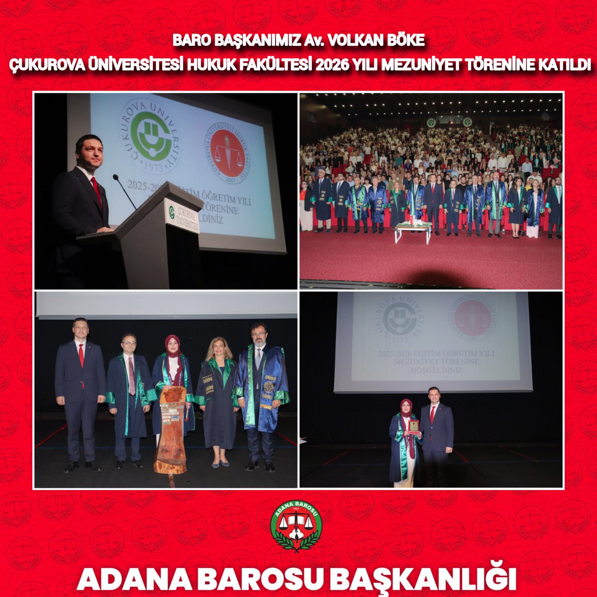 AdanaBarosu's tweet photo. BAŞKANIMIZ Av. VOLKAN BÖKE, ÇUKUROVA ÜNİVERSİTESİ HUKUK FAKÜLTESİ 2026 YILI MEZUNİYET TÖRENİNE KATILDI
https://t.co/eA5uUMxoMS https://t.co/zYNQTDXK9n