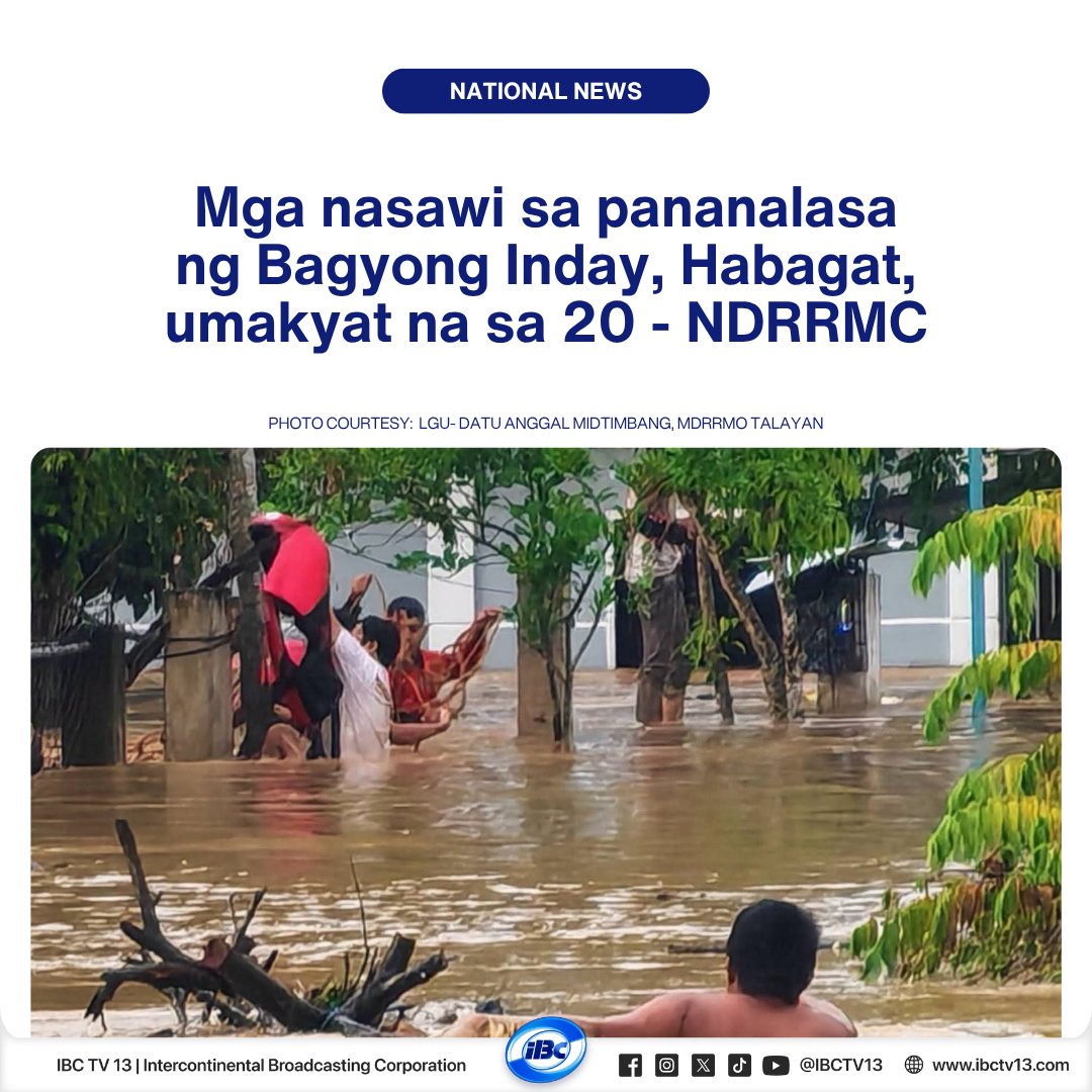 ibcdigital13's tweet photo. Umabot na sa 20 indibidwal ang mga nasawi sa pinagsamang epekto ng nagdaang Super Typhoon #IndayPH at ng pinalakas nitong Southwest Monsoon o #Habagat as of 8:00 a.m ngayong Lunes, Hulyo 13.
Batay sa datos ng NDRRMC, pinakamarami ang naitalang nasawi sa Sarangani na umabot sa 10 katao, anim mula sa Lanao del Sur, dalawa mula sa Bukidnon, habang dalawa naman ang nagmula sa Iloilo at Davao Occidental.
Samantala, siyam ang naitalang sugatan mula sa iba't ibang lugar sa bansa habang 16 na katao pa ang kasalukuyang pinaghahanap.
Sa kabuuan, mayroon nang 146,000 pamilyang naapektuhan sa pananalasa ng masamang panahon, kung saan 5,100 sa mga ito ang namamalagi sa evacuation centers.
#IBCTV13 #IBCDigital #ISM #IntegratedStateMedia #BagyoPH #NDRRMC #DisasterPreparednessPH