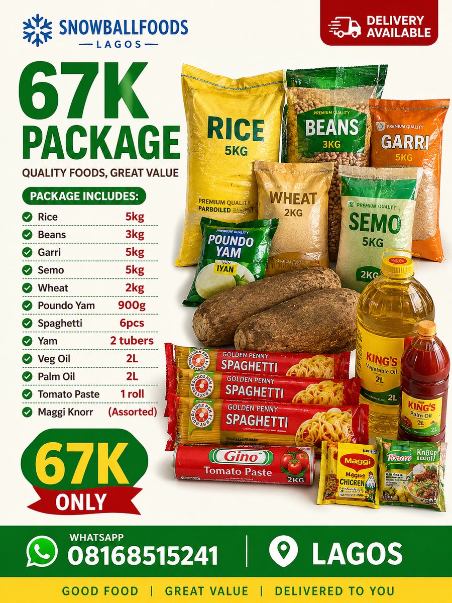 snowballfoods's tweet photo. 🌞 Happy New Week tweethearts 😍 
A new week brings new opportunities, new blessings, and fresh beginnings.

As you plan your meals and budget for the week, let SNOWBALL FOODS help you stock your kitchen with quality foodstuffs at affordable prices. From premium rice, beans, garri, semo, vegetable oil, palm oil, yam, spaghetti, and many more, we've got everything you need under one roof.

✅ Quality you can trust. 
✅ Affordable prices. 
✅ Retail & wholesale available.
 ✅ Fast and reliable delivery.

This week, don't wait until your food supplies run out. Place your orders early and enjoy a stress-free week.

May this new week bring you increase, favor, good health, and overflowing blessings. Wishing you a productive and profitable week ahead!

📩 Send a DM to place your order today.

Oshodi,Lagos
Delivery available ✈️🌍