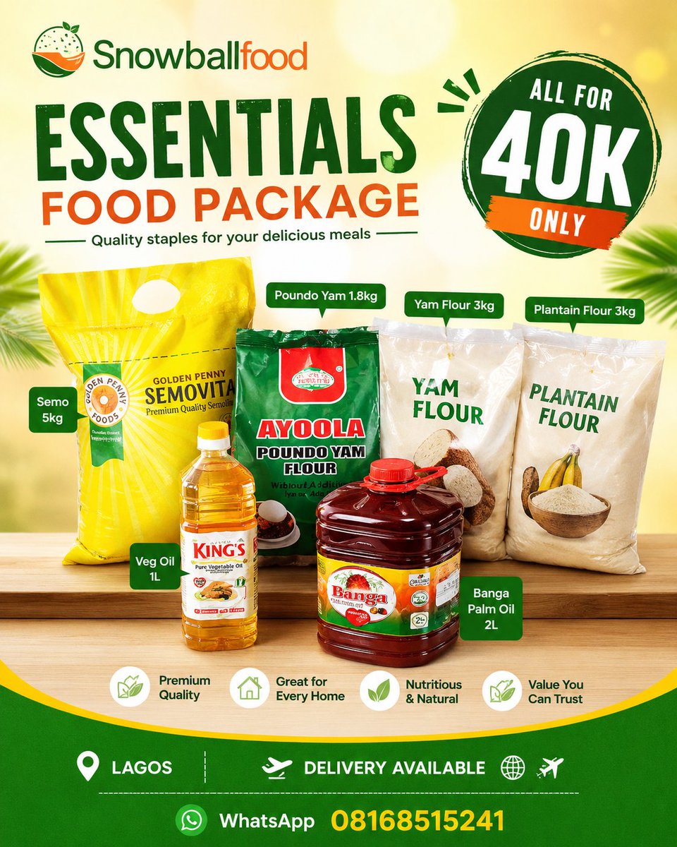 snowballfoods's tweet photo. 🌞 Happy New Week tweethearts 😍 
A new week brings new opportunities, new blessings, and fresh beginnings.

As you plan your meals and budget for the week, let SNOWBALL FOODS help you stock your kitchen with quality foodstuffs at affordable prices. From premium rice, beans, garri, semo, vegetable oil, palm oil, yam, spaghetti, and many more, we've got everything you need under one roof.

✅ Quality you can trust. 
✅ Affordable prices. 
✅ Retail & wholesale available.
 ✅ Fast and reliable delivery.

This week, don't wait until your food supplies run out. Place your orders early and enjoy a stress-free week.

May this new week bring you increase, favor, good health, and overflowing blessings. Wishing you a productive and profitable week ahead!

📩 Send a DM to place your order today.

Oshodi,Lagos
Delivery available ✈️🌍