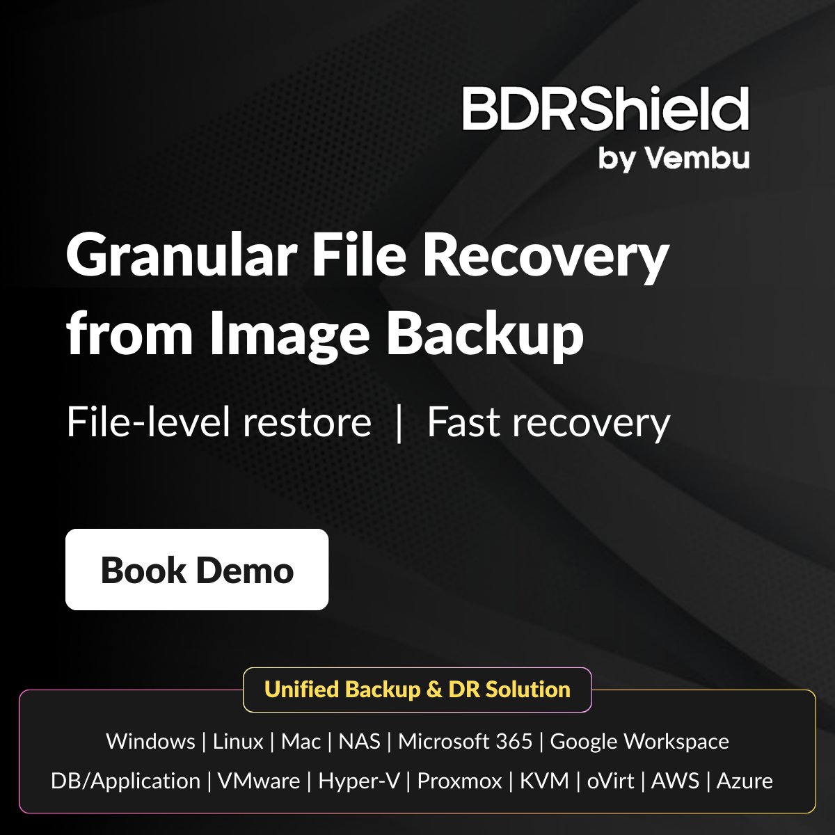 vembutech's tweet photo. Restore exactly what you need—files or folders—without downtime. BDRShield delivers instant, precise File-level recovery from Image Backups, when every minute matters.
Learn more: https://t.co/hdSvMV428J
#FileLevelRecovery #ImageBackup #DataProtection #BackupSolutions #CyberSecurity #BDRShield