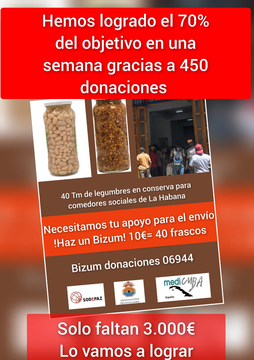 SCCAJoseMarti's tweet photo. 🇨🇺 ¡Último empujón por #Cuba! Los compañeros de @SODePAZ y @EspaMedicuba logran en una semana el 70% de los fondos necesarios para mandar 40 toneladas de legumbres a comedores sociales en La Habana 🫘.

‼️ Súmate a esta importante campaña solidaria: Con solo 10€ garantizas el envío de 40 frascos.

📲 Bizum: 06944
💳 IBAN: ES42 1550 0001 2900 0350 9221 (Titular: Solidaridad para el Desarrollo y la Paz).

#CubaNoEstáSola #TumbaElBloqueo