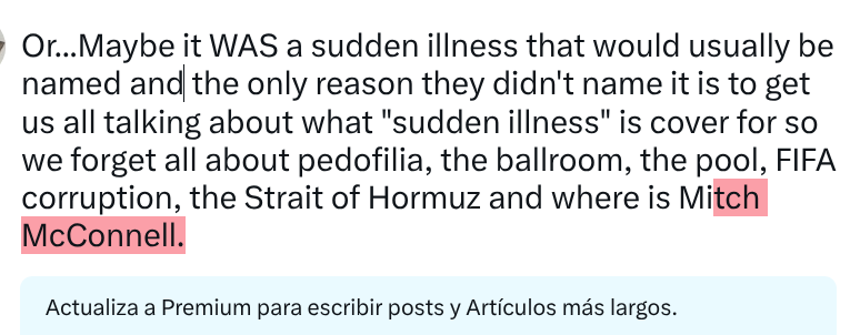 r_0904's tweet photo. @Smokahontas2024 Or...Maybe it WAS a sudden illness that would usually be named and the only reason they didn't name it is to get us all talking about what "sudden illness" is cover for so we forget all about pedofilia, the ballroom, the pool, FIFA corruption, the Strait of Hormuz and where is Mi https://t.co/uv0U2S4gbn