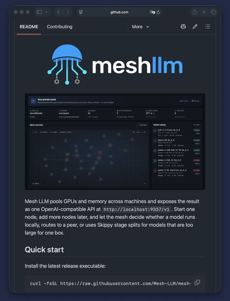 DataChaz's tweet photo. Want to run a 70B+ model but don't have an 80GB GPU? Mesh LLM distributes inference across the devices you actually have.

The architecture is incredibly smart:
→ If a node can fit the model, it runs locally
→ If not, it routes to a peer that can
→ If the model is too big for any single box, it uses "Skippy stage splits" to shard the model by layer across your hardware

Open source in Rust. Worth checking out
