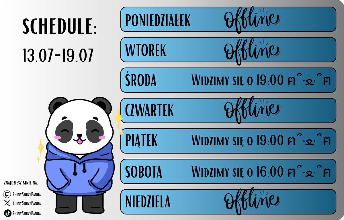ShinyShinyPanda's tweet photo. Pandzi plan nadchodzącego tygodnia 🐼      

Piękną jesień mamy w tym lipcu.  
Anyways, z kim się widzę w nadchodzących dniach?  

#vtuber #streamschedule https://t.co/zGH1zPfPgW
