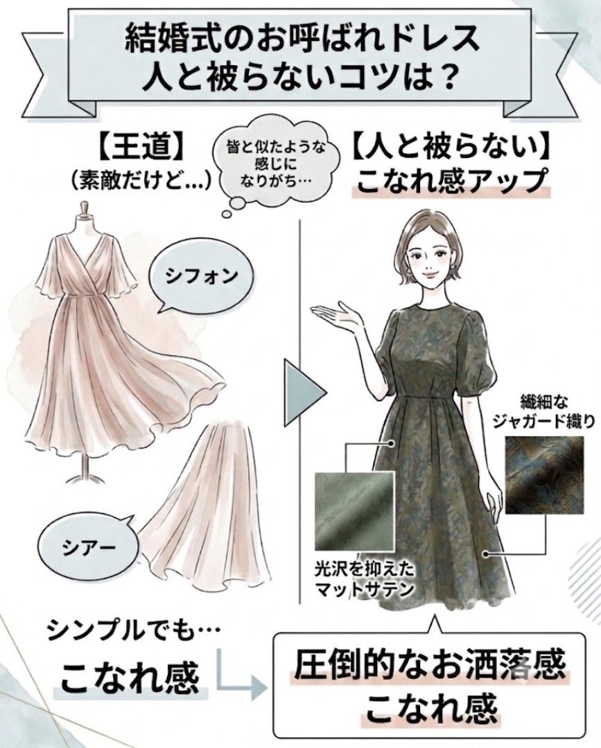 mydressnote's tweet photo. 結婚式のお呼ばれドレス
「また雰囲気被った…」
を回���するコツは
素材感に注目☝🏻

人と違う個性を出すなら
テクスチャーで勝負するのが
上品でおすすめ🫶🏻

大人の品格を保ちつつ
写真映えもばっちり狙えます📸✨

▼ドレスが見つかるコツまとめ
https://t.co/gTLmGjfkZG https://t.co/SEbdTBIvIh