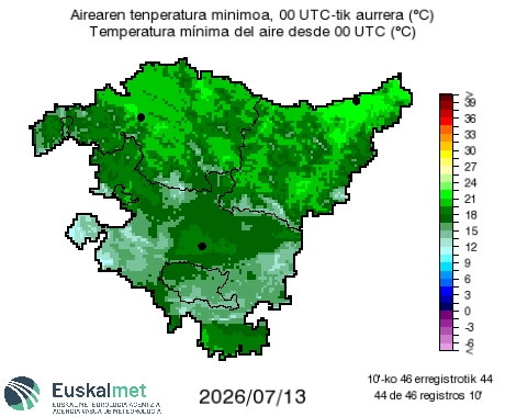 Euskalmet's tweet photo. 🌡#Tmin
✅Bihar ere minimoak antzekoak izango dira.
✅Mañana las mínimas volverán a ser parecidas. https://t.co/3fkkjs2eYf