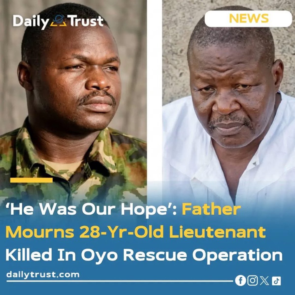 Letter_to_Jack's tweet photo. Mr Isaac Alabura, father of Lt. Felix Ademe Isaac, the 28-year-old Nigerian Army officer who died during an operation to rescue abducted teachers and pupils in Oyo State, said his family is yet to recover from the painful loss.

Painful 💔💔 https://t.co/5iwRgX8QcT
