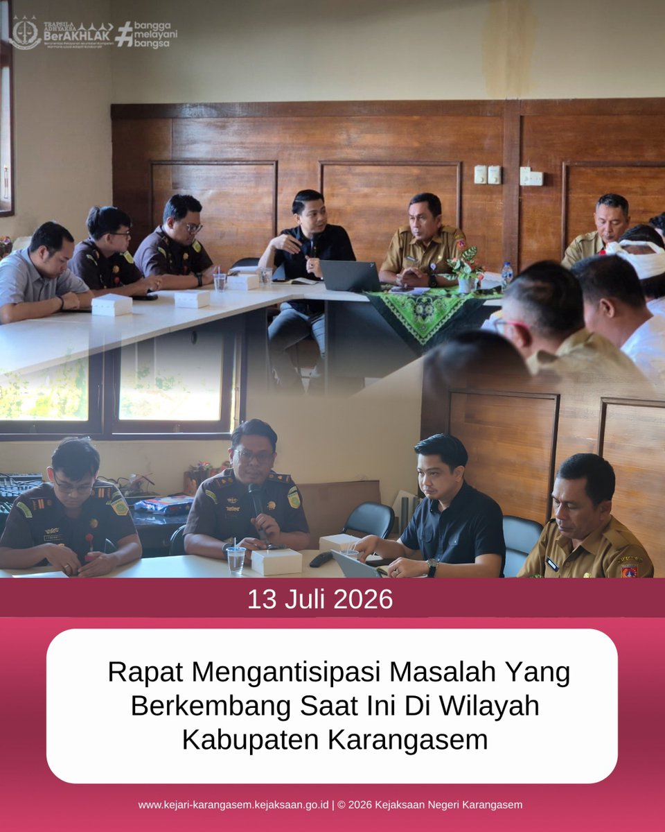 knkarangasem's tweet photo. Senin, 13 Juli 2026 Kepala Seksi Intelijen dan Kepala Seksi Tindak Pidana Umum Kejaksaan Negeri Karangasem menghadiri Rapat Mengantisipasi Masalah yang Berkembang Saat Ini di Wilayah Kabupaten Karangasem yang diselenggarakan di Ruang Rapat Kesbangpol Kabupaten Karangase https://t.co/mjcw2cKwX3