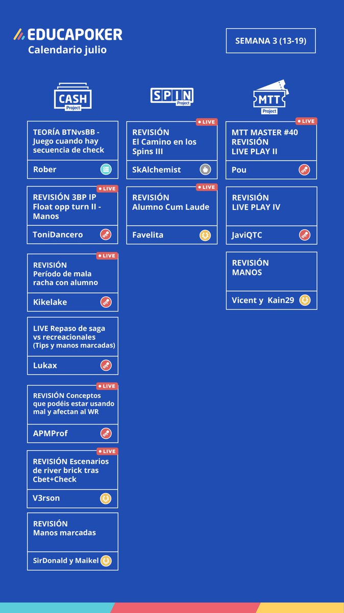 EducaPoker's tweet photo. 🏖️ Desde la playa, la piscina o la montaña...

🗓️ Estas son todas las clases que tendremos durante los próximos días.

💪🏽 ¡Vamos a por una nueva semana! https://t.co/gVEUEV6qjt