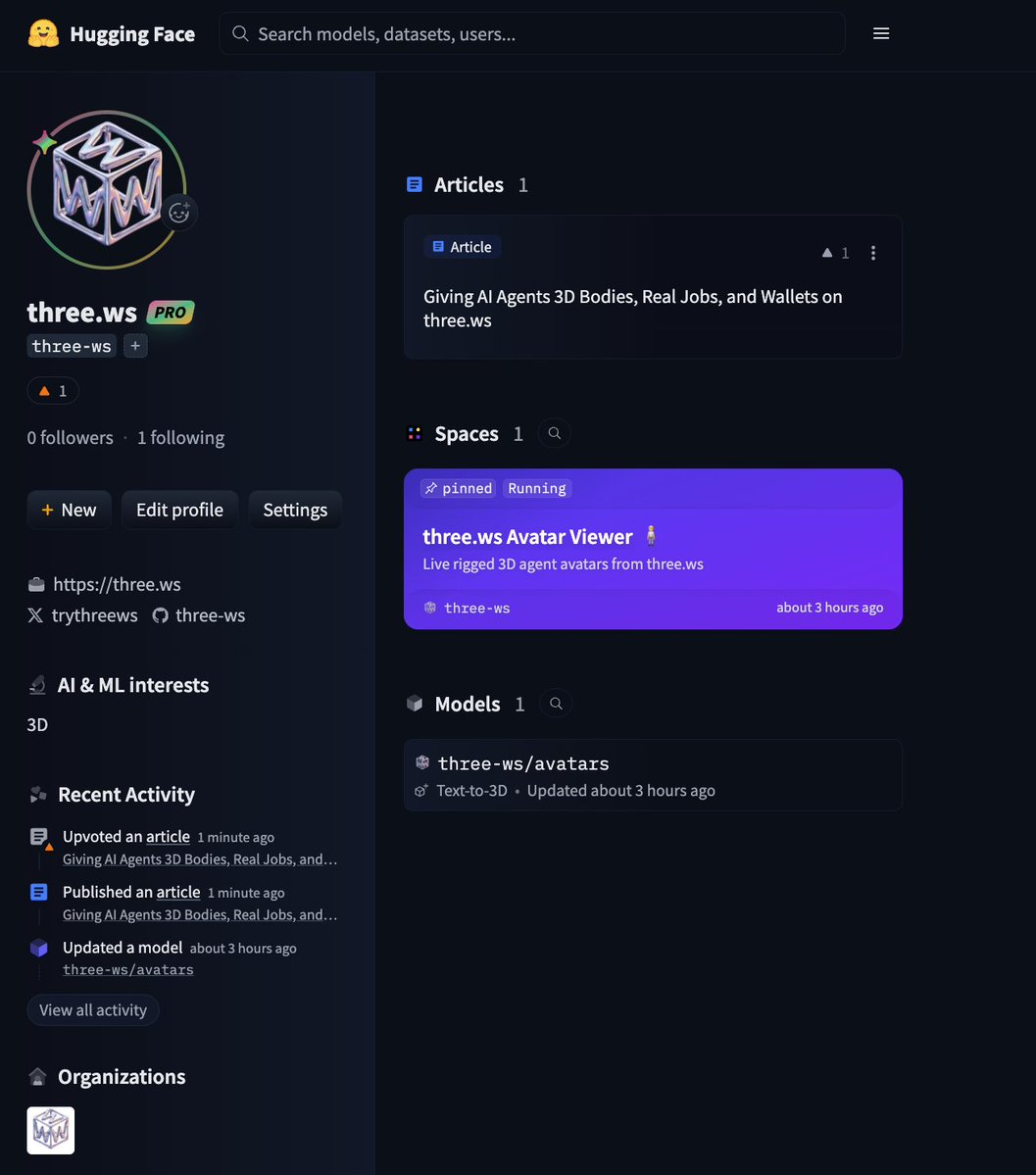 trythreews's tweet photo. We are live and PRO on @huggingface 🫂

Check out live rigged 3D AI Agents, articles and blog posts, models, datasets, and more. https://t.co/8hFUg6jewn