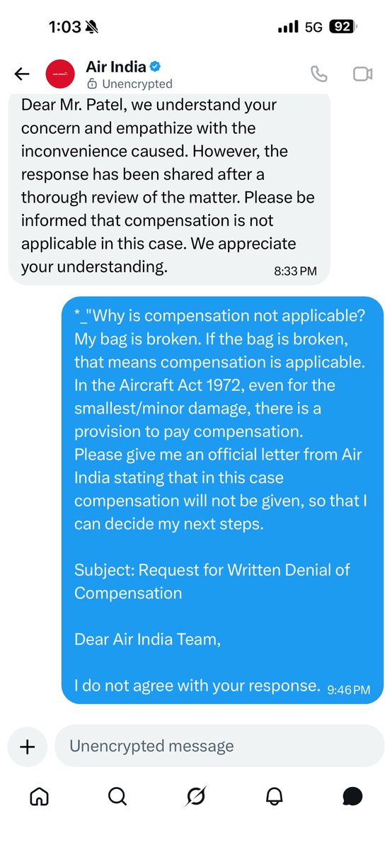 dp9171's tweet photo. @campbellwilson @airindia 
How did you decide that this is 'normal wear and tear'?  
Because my bag is no longer usable by me now.  
So if you are not going to repair 
then give me a letter on Air India letterhead stating that  
'Under the Aircraft Act 1972, we will not pay you https://t.co/vwHjC2nL5d