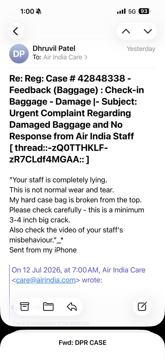 dp9171's tweet photo. @campbellwilson @airindia 
How did you decide that this is 'normal wear and tear'?  
Because my bag is no longer usable by me now.  
So if you are not going to repair 
then give me a letter on Air India letterhead stating that  
'Under the Aircraft Act 1972, we will not pay you https://t.co/vwHjC2nL5d
