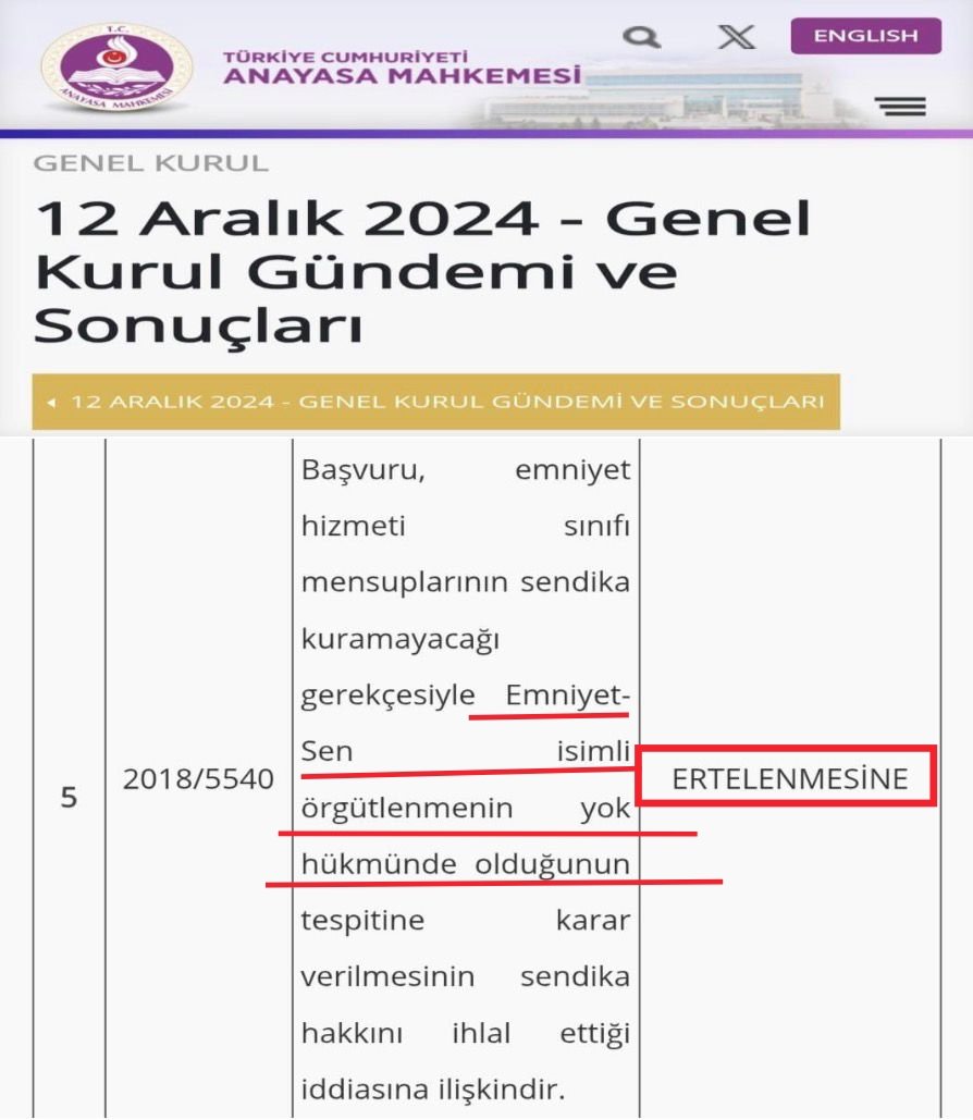 ahmetxaksoz's tweet photo. "Adalet Gecikirse, Hak Hak Olmaktan Çıkar; Usûl Çiğnenirse, Hukuk Devleti Temelinden Sarsılır!"

​Emniyet Teşkilatı mensuplarının anayasal örgütlenme hakkını savunmak üzere 9 Kasım 2012’de yola çıkan Emniyet-Sen davası, Türk hukuk tarihinin en büyük usûl ve hak arama mücadelelerinden biridir.

​2018 yılından bu yana Anayasa Mahkemesi (AYM) önünde adalet bekleyen bu dosya, alt mahkemelerin ve idarenin açık usûl ihlalleriyle kördüğüme çevrilmiştir. Kanun önünde eşitlik ilkesi gereğince, 14 yıldır resmi olarak faaliyetini sürdüren Yargıçlar Sendikası’na tanınan usûli haklar ve sarsılmaz yasal koruma, gece gündüz canı pahasına görev yapan 350 bin polis memurundan ve onların anayasal sendikasından esirgenemez!
​
Sendika kurucu ve yöneticilerinin bireysel emeklilikleri veya şahsi feragatleri, Emniyet-Sen’in kurumsal ve tüzel varlığını asla ortadan kaldırmaz. Seçim kurulu mazbatalarıyla tescilli, halen fiilen çalışan ve görevine devam eden organ üyeleri bu davanın meşru takipçisidir.

Ankara Valiliği, 4688 sayılı kanunun emrettiği 1 aylık kapatma davası açma süresini 7 ay geçirdikten sonra yaptığı usûlsüz başvuruyu kabul eden ve sendika hukukunun emredici nitelikteki kuruculuk şartlarını (6356 m. 6) yok sayan Yargıtay kararı, anayasal bir ihlal vesikasıdır.

​Erteleme Süreleri Tamamen Dolmuştur. AYM Genel Kurulu'nun kendi içtüzüğü kapsamında dosyayı zamana yayması, alt mahkemelerin anayasaya aykırı yasakçı maddelerle yeni hak ihlalleri üretmesine zemin hazırlamaktadır.
350 bin polis memurunun gözü, kulağı ve hukuki geleceği bu dosyadır.

​@AYMBASKANLIGI ’na çağrımızdır. Usûl kurallarının idare lehine esnetilmesine, hakkın zaman aşımına uğratılmasına müsaade etmeyiniz. 12 Aralık 2024 tarihinde karara bağlanması gerekirken ertelenen ve 18 aydır hala hangi tarihte görüşüleceği belli olmayan Emniyet-Sen dosyasını Genel Kurul gündemine alarak anayasal örgütlenme özgürlüğünü, adaleti ve hukuk devleti ilkesini teslim ediniz. 

#EmniyetSenKararıHemen #AdaletGecikmez