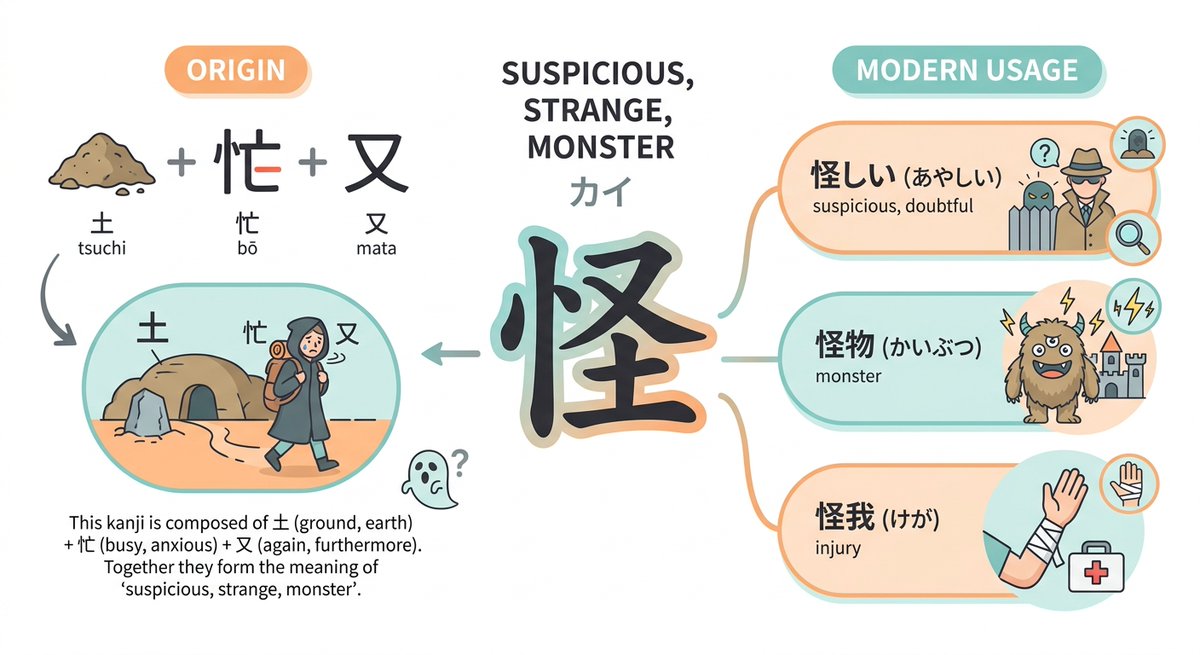 kanjipalaceapp's tweet photo. 怪 (あやしい, あやしむ; カイ) = suspicious, strange, monster.

EXAMPLE WORDS
suspicious, doubtful = 怪しい (あやしい)
monster = 怪物 (かいぶつ)
injury = 怪我 (けが)

EXAMPLE SENTENCES
怪しい音がした。
あやしいおとがした。
I heard a suspicious sound.

怪我はありませんか？
けがはありませんか？
Are you not injured?

妖怪の話をしよう。
ようかいのはなしをしよう。
Let's talk about monsters.