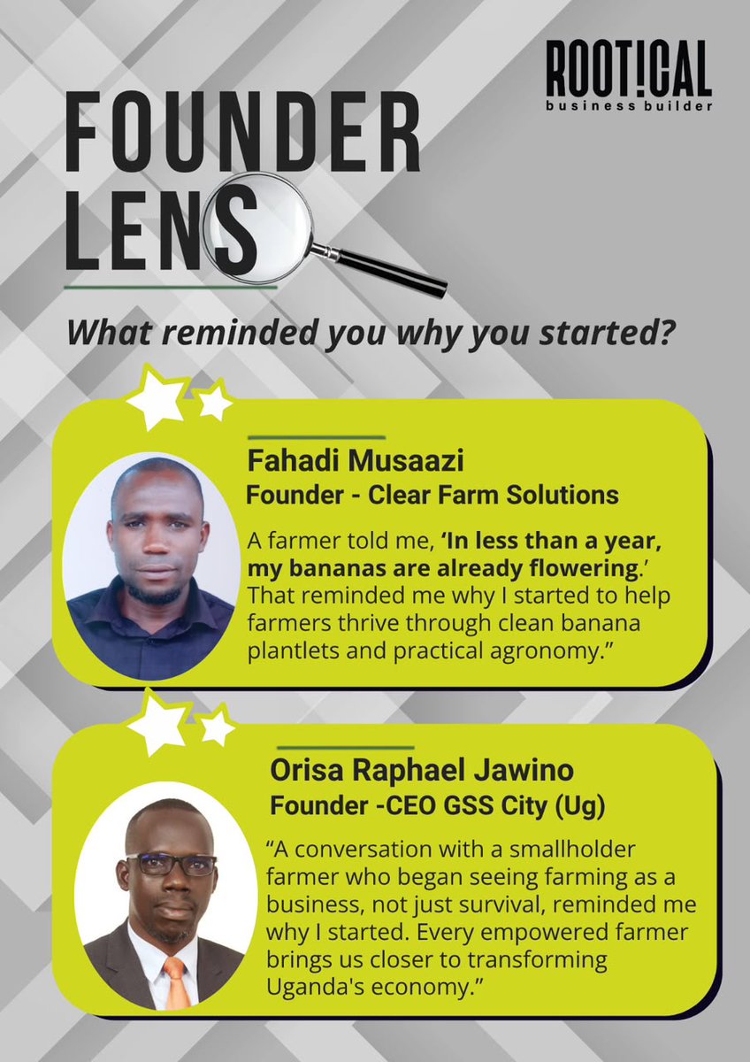 RooticalBuilder's tweet photo. Behind every venture is a founder with a story. Welcome to Founder Lens, our new series featuring honest reflections from the Rootical Community.

This week,Fahadi Musaazi (2025 ) &amp; Orisa Raphael Jawino (2023) answer:

What small moment recently reminded you why you started? https://t.co/p6ruDyjnr6
