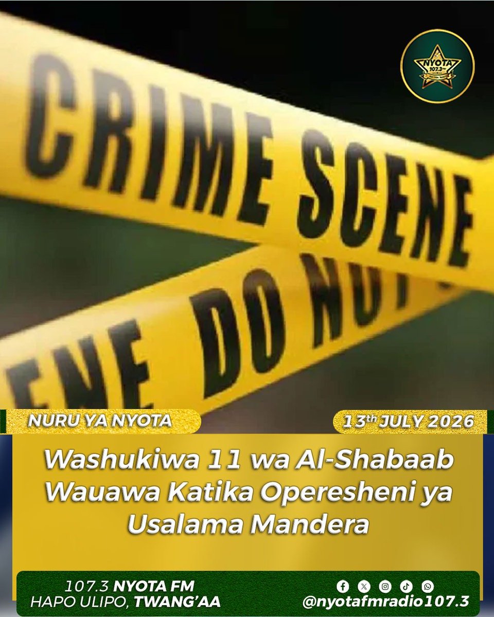 radionyotafm's tweet photo. Washukiwa 11 wa Al-Shabaab wameuawa katika operesheni ya usalama karibu na mpaka wa Kenya na Somalia, Mandera. Polisi wanasema walizuia shambulizi lililokuwa likipangwa na kunasa silaha pamoja na risasi.

#NyotaFM #HapoUlipoTwangaa #Mandera #Usalama #AlShabaab https://t.co/8VivQJCvMU