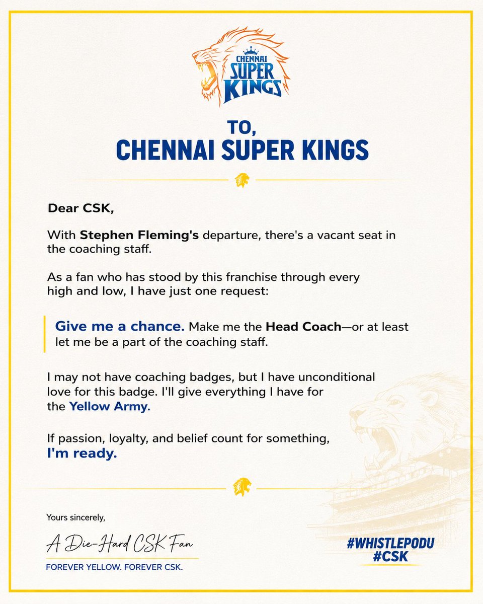 ReelRavager's tweet photo. A fan's dream.

A humble request.

One chance.

That's all I'm asking. @ChennaiIPL 💛🦁

#WhistlePodu #CSK https://t.co/bgzhLBqRFw