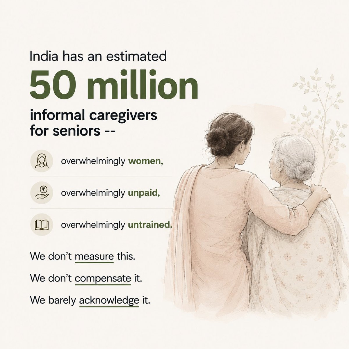 AdarshNarahari's tweet photo. India has an estimated 50 million informal caregivers for seniors - overwhelmingly women, overwhelmingly unpaid, overwhelmingly untrained. We don't measure this. We don't compensate it. We barely acknowledge it. https://t.co/7n1gSmz6ys