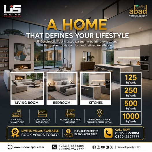 lisdevelopers's tweet photo. Your Dream Villa Awaits! 🏡

LIS Villas in Bahria Town Karachi — 125, 250, 500 &amp; 1000 Sq. Yards with elegant design and flexible payment plans.

Invest smart. Secure your future.

📞 0312-8563804

#LISDevelopers #LISVillas #BahriaTownKarachi #LuxuryLiving #BookNow https://t.co/8Id5fTpfc9