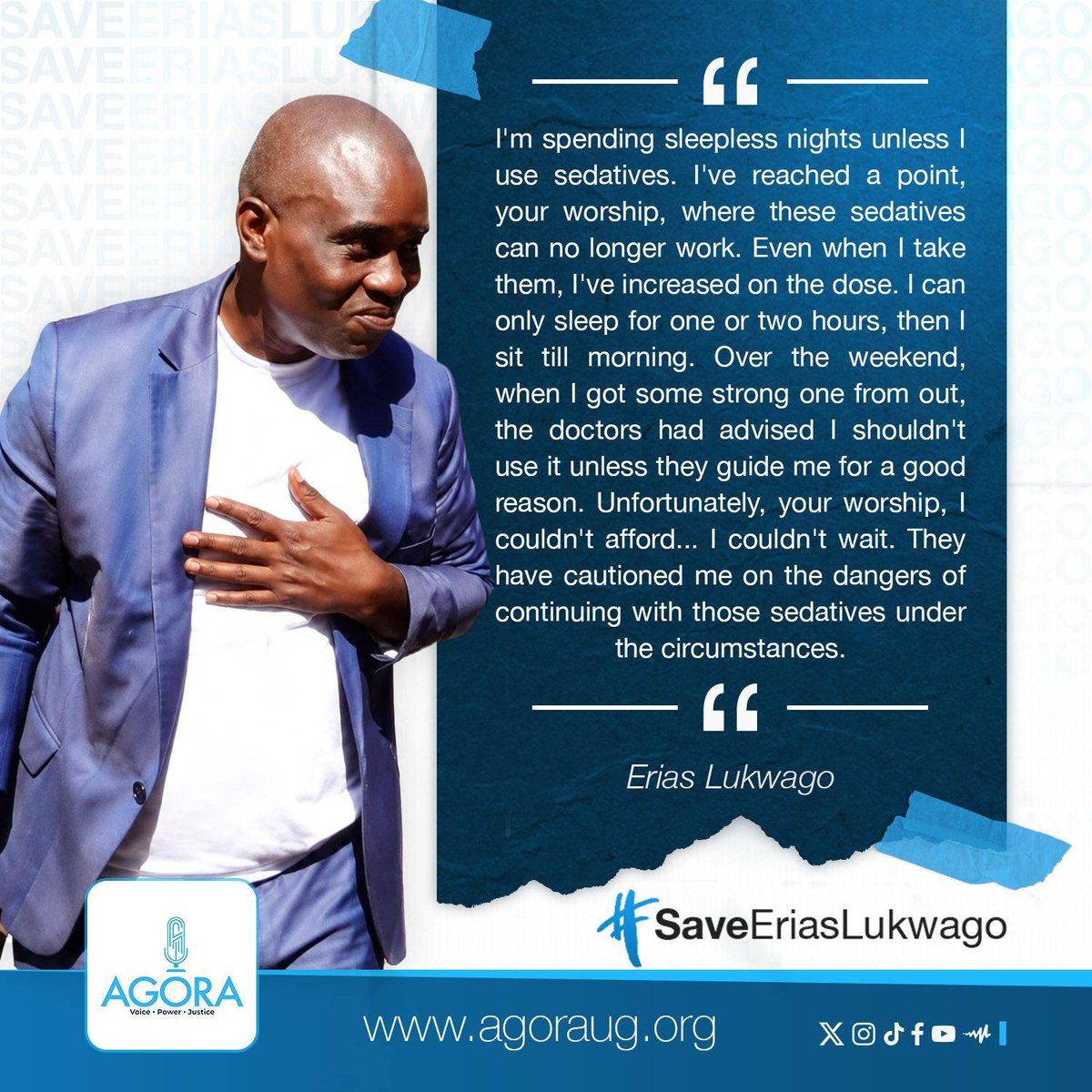 AgoraCFR's tweet photo. "I'm spending sleepless nights unless I use sedatives. I've reached a point, your worship, where these sedatives can no longer work."~@EriasLukwago 
#SaveEriasLukwago 
#FreeEriasLukwago https://t.co/00nitbrzpg