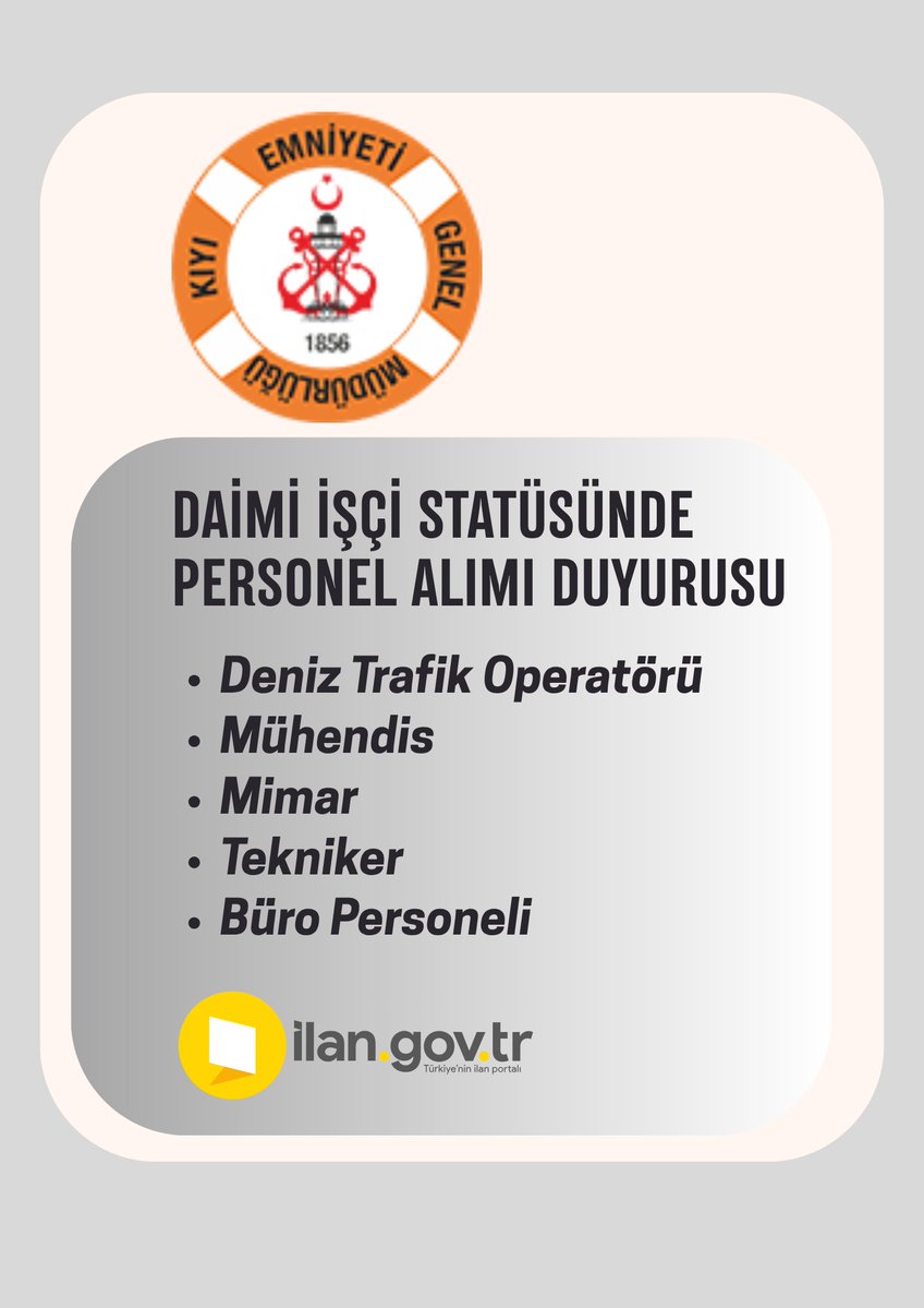 ilangovtr's tweet photo. Kıyı Emniyeti Genel Müdürlüğü 26 Personel İstihdam Edecek

https://t.co/p6Y1ZSlGHO

#İŞKUR #ilangovtr #TürkiyeninİlanPortalı https://t.co/2vT03zjTwE