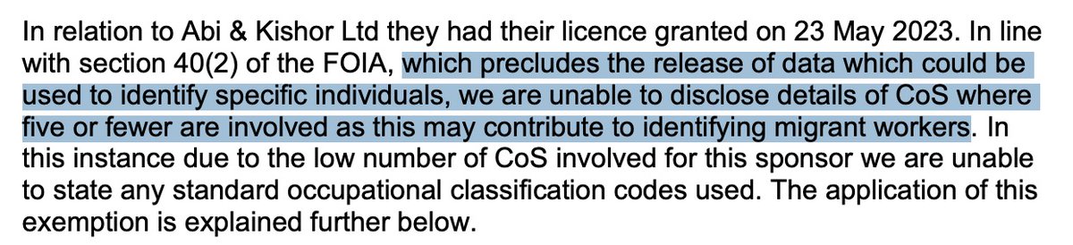 johnkingmedia's tweet photo. That's interesting. Was just looking at:
https://t.co/iSd4Ve0Vdb
With the query: "licensed sponsors visas"

This request got quite a detailed response (see .xlsx file):
https://t.co/00A8UDzgHv

Seems that for companies employing <6 visa employees, they don't share those numbers. An example of that was also in this application:
https://t.co/wnxlKSgbvF