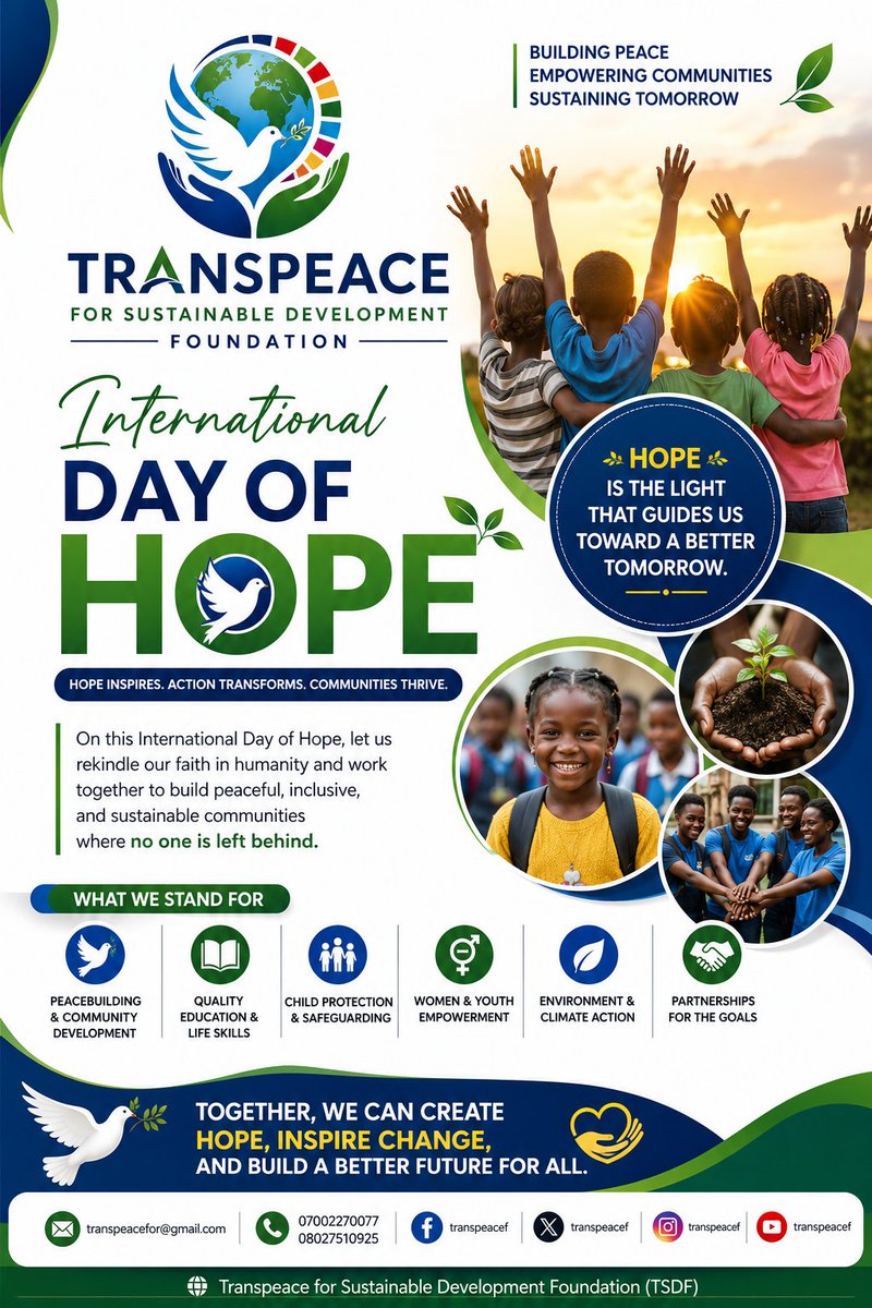 transpeacef's tweet photo. #InternationalDayOfHope #HopeForAll #ChooseHope #BuildingPeace #EmpoweringCommunities #SustainableDevelopment #LeaveNoOneBehind #SDGs #HopeInAction #CommunityDevelopment #HumanRights #YouthEmpowerment #ChildProtection #TranspeaceFoundation #TSDFNigeria #OsunState #Nigeria
#unicef https://t.co/0dp7GnzHyk