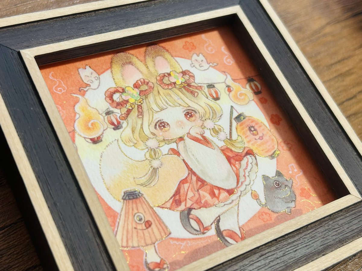 MM_nyammy's tweet photo. 東京行きの子たち送ったーーー‼︎明日からダイナー描きます(ギリギリ！)

当初送ろうとしていた絵を昨夜没にしまして、、😭
急遽豆色紙サイズの額装を描きました💪
めちゃ可愛い🦊♥️
FANBOX、あした更新します！ https://t.co/dDW0S1d2Lb