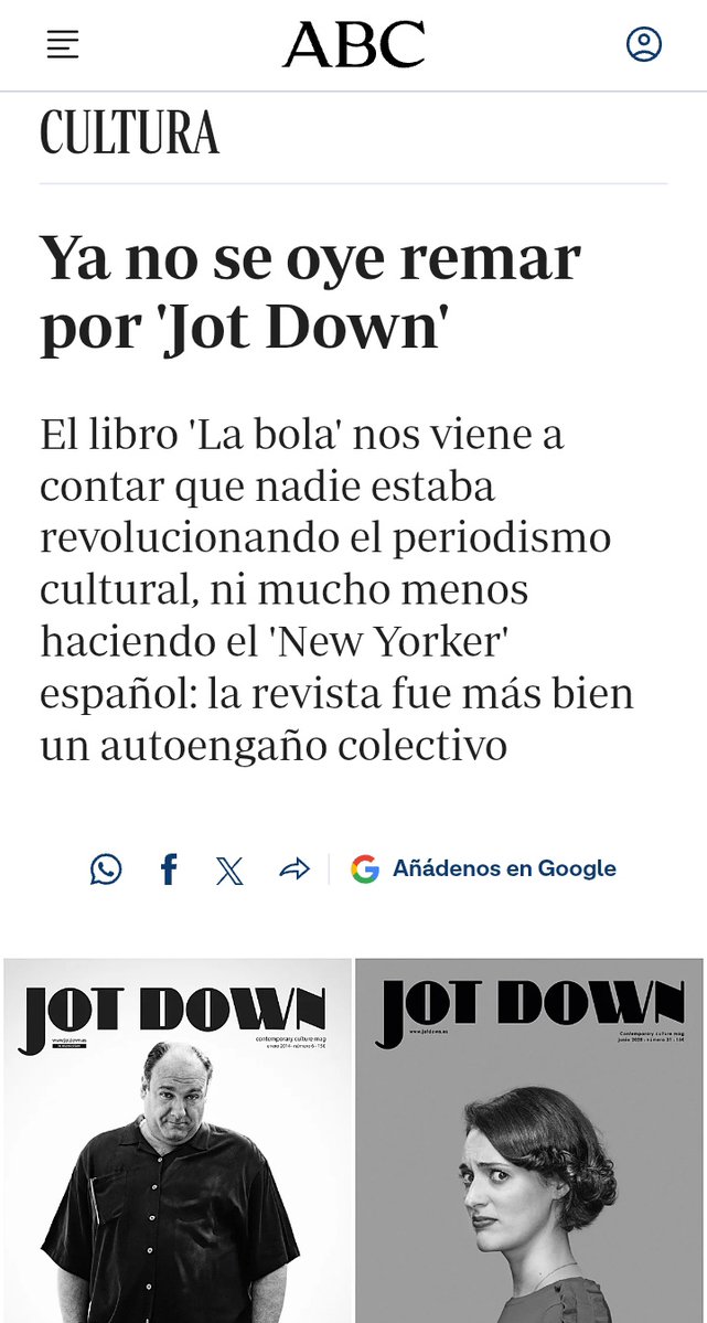 PedroNarcob's tweet photo. Me fascina el tiempo que se invierte en internet para denostar lo que se tercie. Si a los señores de @abc_es no les gusta @JotDownSpain, estupendo, pero ¿podrían dejarnos en paz a los que la escribimos y leemos?
Y si no oyen remar, lávense los oídos, porque muchos seguimos aquí. https://t.co/kRkdOZwRqN