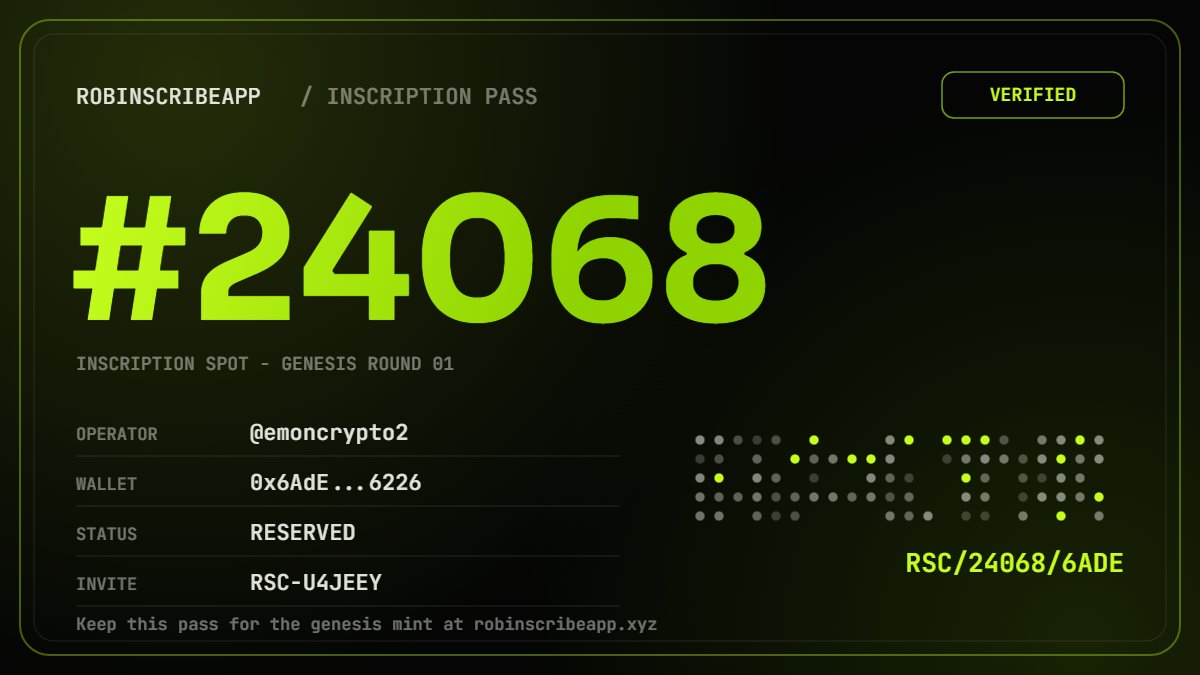 EmonCrypto2's tweet photo. 🚨 RobinScribe Early Access is LIVE — Only 7hrs left

My Genesis Round inscription spot is already reserved: #24068.

Mint starts on 13.07.2026, 15:00 UTC.

💰 Cost: FREE
🕒 Time : 1 minute
🎁 Reward : Spot reserved

Join guide 👇
🔗 https://t.co/n0ZDJFO6g1

✅ Enter your X username
🔑 Invite code: RSC-U4JEEY
📝 Complete the tasks
👛 Enter your EVM wallet
🎟️ Claim your inscription spot

The early access window is limited, so if you’re farming quality Web3 opportunities, this is worth checking out before the genesis mint begins.

DYOR.

#RobinScribe #Airdrop #Web3 #GenesisRound #Crypto