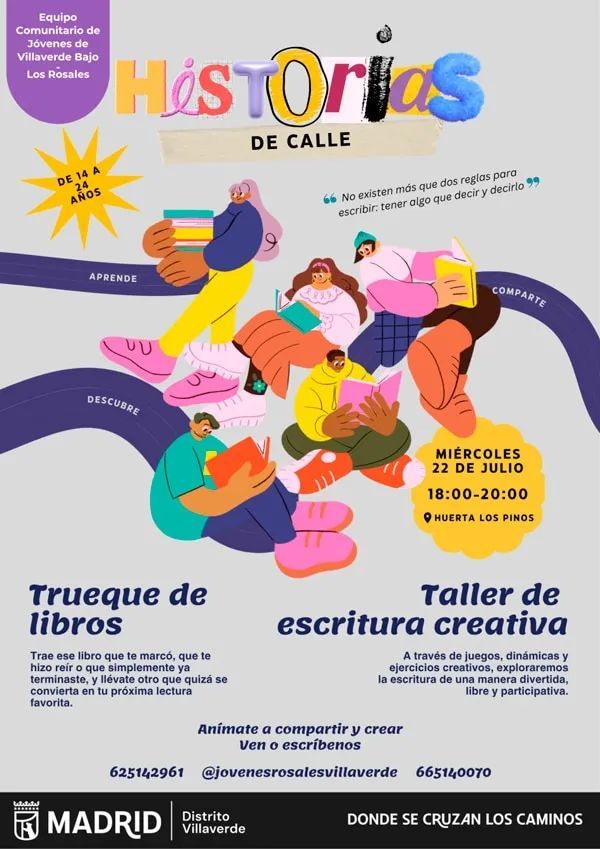 DistritoVillav's tweet photo. El próximo 22 de julio, de 18:00 a 20:00, la Huerta de Los Pinos acogerá “Historias de Calle”, una actividad gratuita para jóvenes de 14 a 24 años de escritura creativa e intercambio de libros que combina literatura, imaginación y encuentro. 

https://t.co/NSOcwmE5B7 https://t.co/vynzrfAwX8