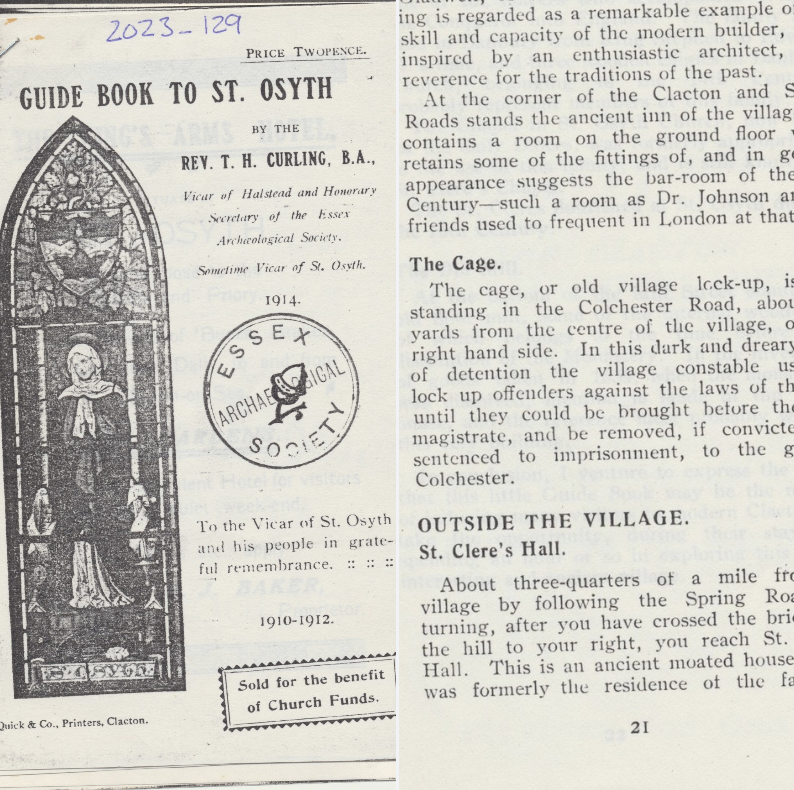 thecage_uk's tweet photo. Visitor guide book for the town of St Osyth published in 1914 by the reverand and secretary of the Essex Archaeology Society featuring The Cage. The Cage has been a treasured landmark in the town for over a century since its closure. https://t.co/tCalmcXA4a