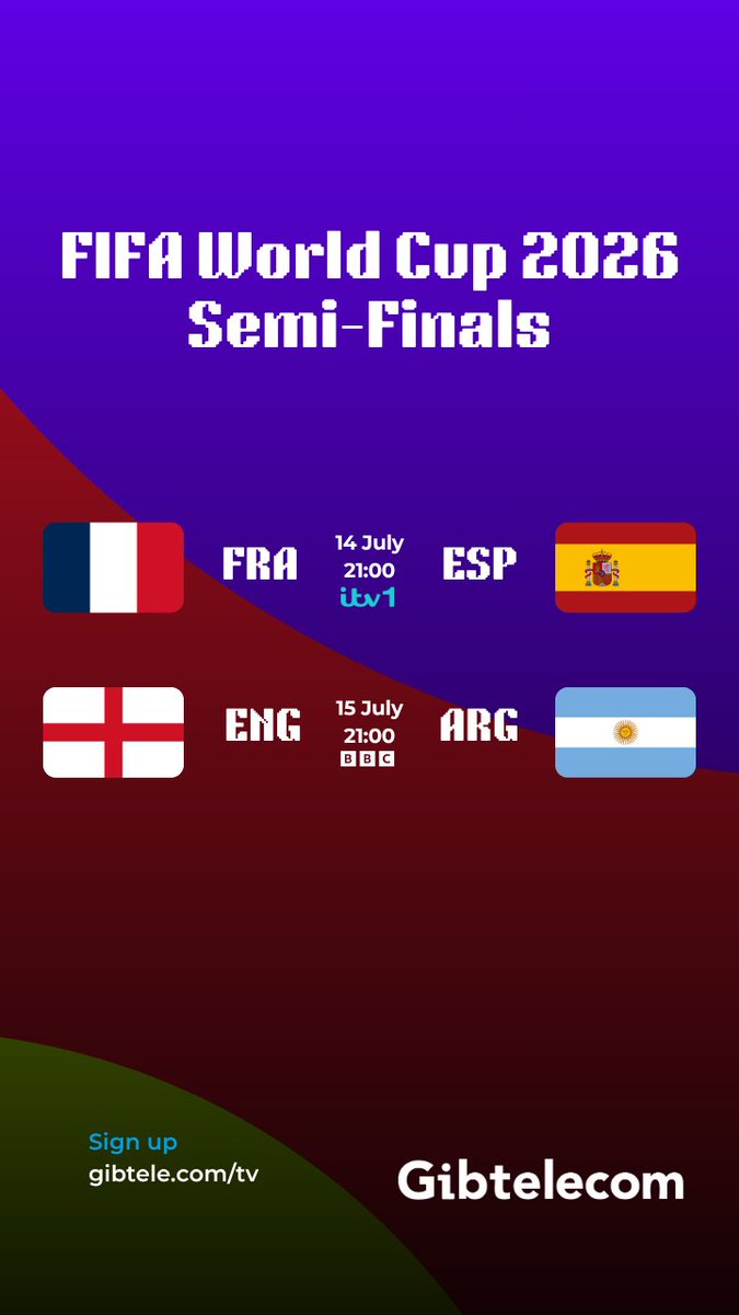gibtelecom's tweet photo. ⚽ The World Cup semi-finals this week! 🔥

Two huge matches. One step away from the final.

Get TV + Broadband from £30/month.
📞 20052200 | https://t.co/seMrXqytRT

#gibtelecomTV #WorldCup #SemiFinals https://t.co/xHnJt3yOpy