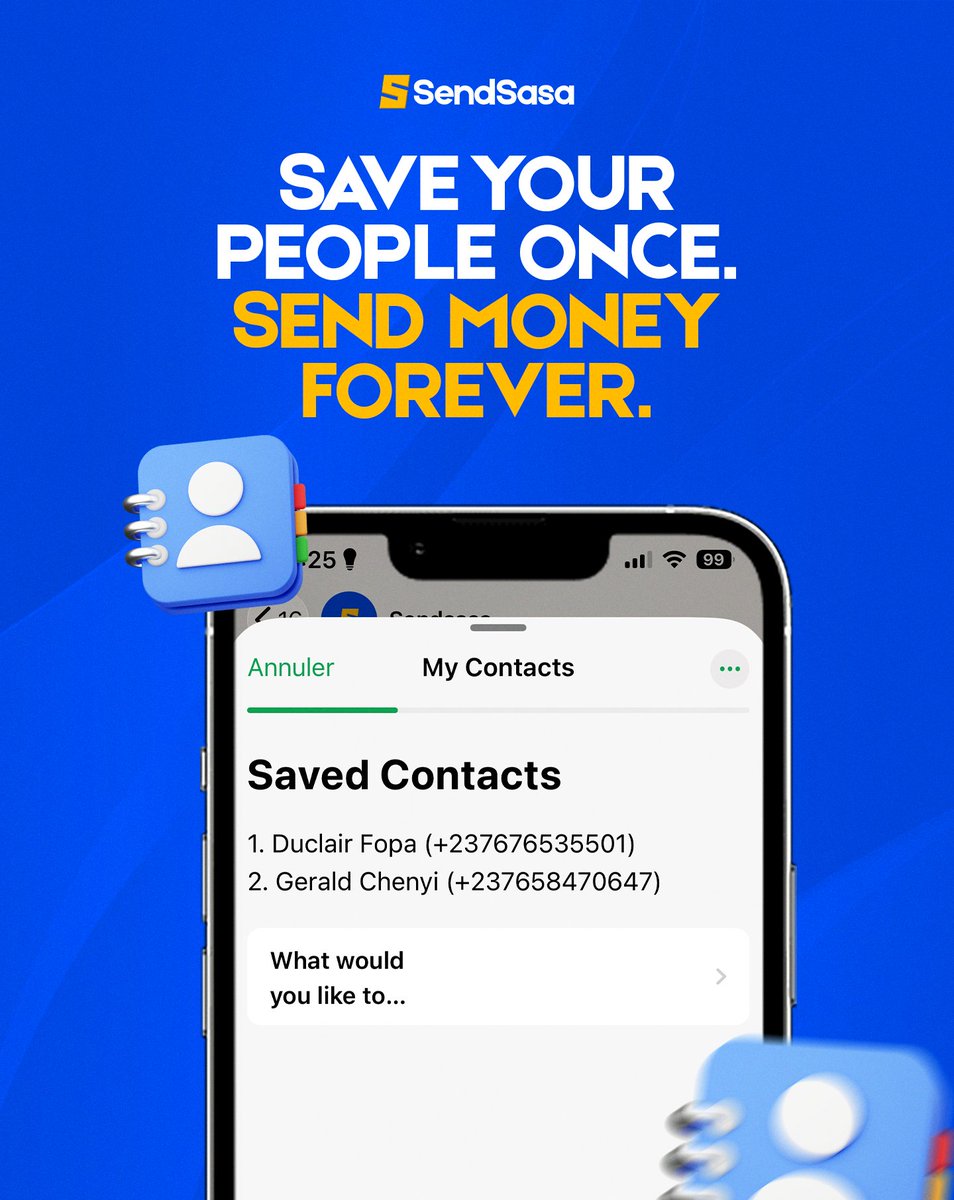 sendsasallc's tweet photo. She's "Mama" in your phone. Not "+237 678 901 234."

Your transfers should know that too.

→ Save names, not numbers
→ Lock in your amounts
→ Send in one message

Smart Address Book — SendSasa 💙⚡ https://t.co/Nnr5qd0MX1