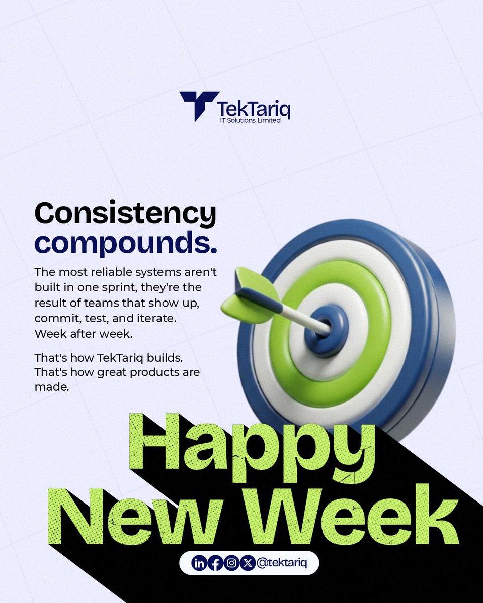 Tektariq's tweet photo. The most reliable system arent built in one sprint; they are the result of teams that show up, commit, test and iterate, every week.

This week, choose consistency that compounds over sprints thats not sustained.👏🚀

Have a great week, champs!

#HappyNewWeek 
#Monday  
#tektariq https://t.co/Y5OiOkGKJM