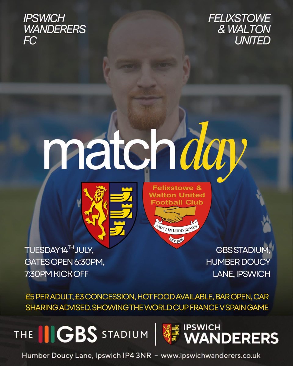 _IWFC's tweet photo. TOMORROW AT THE DOUCY⚽

Join us at the GBS Stadium tomorrow for Ipswich Wanderers FC v Felixstowe & Walton United. Gates open 6:30pm, kick off 7:30pm. World Cup France v Spain game will be shown in the MKM Suite.

£5 per adult, £3 concession, hot food available, bar open and car sharing advised.

#ipswichfootball #suffolkfootball #ipwsichwanderers #nonleaguefootball
