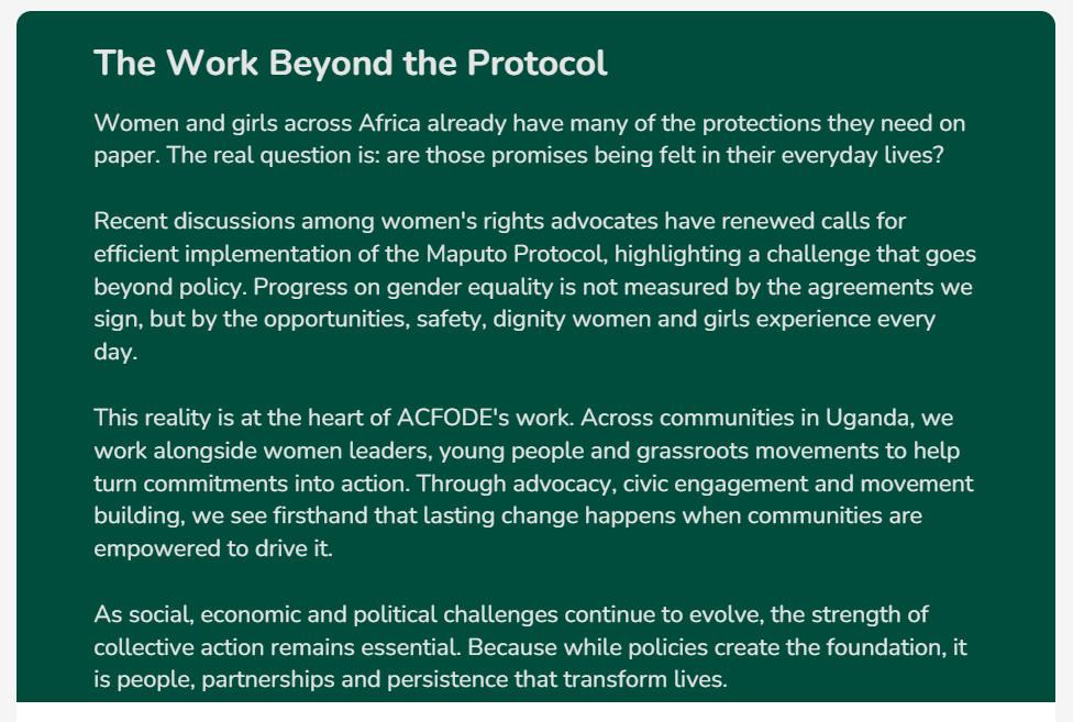 acfode's tweet photo. Policies matter, but a policy on paper doesn't automatically make life safer for a woman or girl.

Change happens when commitments reach communities, leaders are accountable, and when women and girls can experience their rights in everyday life.
Through advocacy, civic engagement and movement building, we continue to champion lasting change that begins with communities.

As we continue to celebrate 40 years of advancing women's rights, we remain committed to ensuring that promises made in policy become realities lived by every woman and girl.

#ACFODEat40 #Women'sRights #GenderEquality #MaputoProtocol #AdvancingEquality