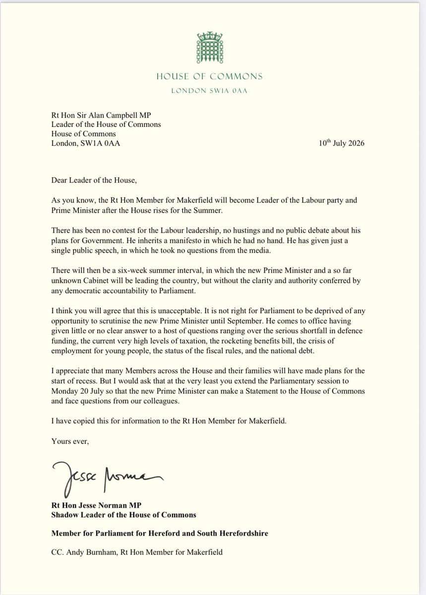 Jesse_Norman's tweet photo. My letter to the Leader of the House calling for Andy Burnham to give a statement, take questions and hold himself accountable to the Commons as Prime Minister next Monday, July 20. https://t.co/nK2bYymbDz