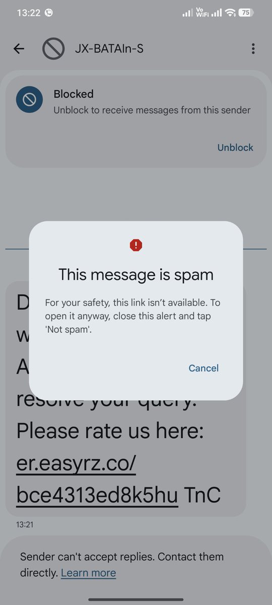 sumuchini's tweet photo. @batashoes @facebook @instagram friends be very careful dealing BATA shoes online. you can reach them on phone but they hide &amp; discount. recvd spam message attached. my order BW39322401747162 placed long back yet to deliver &amp; they are making drama. their app is also a fake one. https://t.co/QlaW4kVvtP