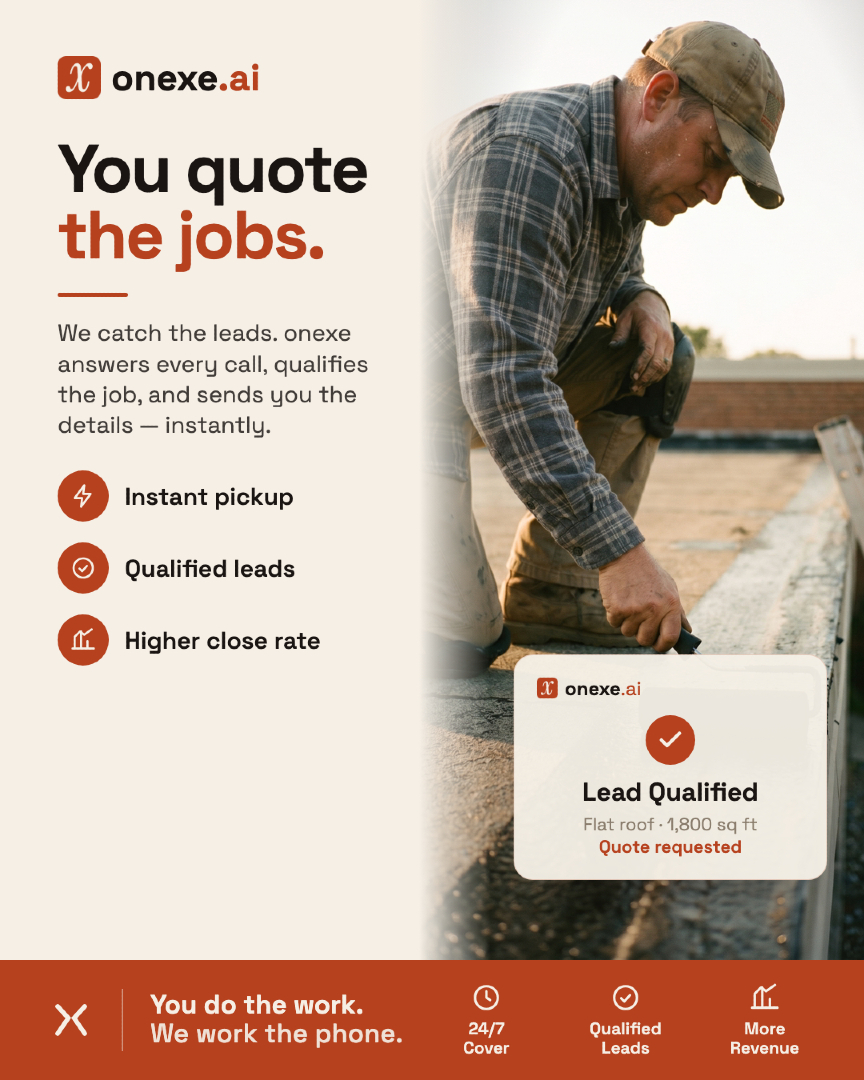 OnexeAi's tweet photo. The higher you are, the more a phone call costs you. So don't climb down. onexe answers when you can't — captures, quotes, books, pings you. Start free → https://t.co/bKfVqX64FE
#roofing #roofer #tradesman https://t.co/LLgo16Lhs1