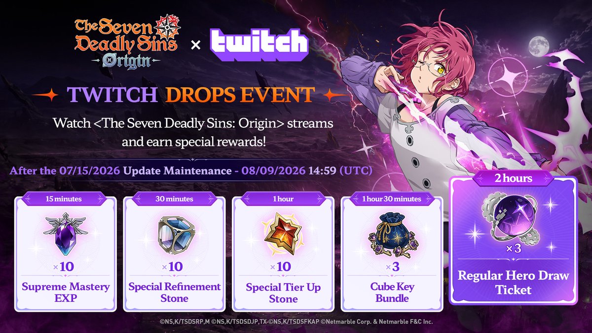 7DSO_EN's tweet photo. 🎉 Twitch Drops Event

A Twitch Drops Event will begin in celebration of the 「An Unknown Threat」 Version 1.7 update.

During the event period, you can earn a variety of rewards by watching <The Seven Deadly Sins: Origin> streams on Twitch.
We hope you will join us and take part in the event!

✦ Event Period
- After the July 15 (Wed) Maintenance - August 9 (Sun) 14:59 (UTC)

Please visit the official website for more details.
▶ https://t.co/UHA3KZEkcy

#TheSevenDeadlySinsOrigin #7DS #Origin #7DSOrigin