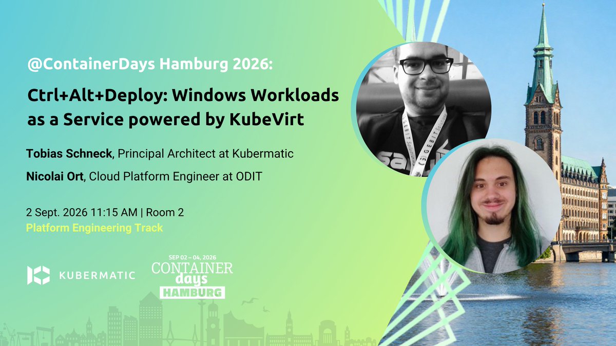 Kubermatic's tweet photo. Can KubeVirt actually replace your current hypervisor for legacy Windows VMs? 🖥️
Join Nicolai Ort and Tobias Schneck as they explore the current state of Windows on KubeVirt. 
https://t.co/F5Rge1tprB
#KubeVirt #WindowsVM #PlatformEngineering #Virtualization https://t.co/NrDuXmCGcd