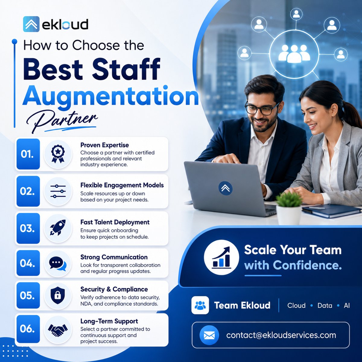 ekloudServices's tweet photo. Choosing the right #StaffAugmentation partner matters. Look for proven expertise, flexible hiring, fast deployment, transparent communication, and reliable support. Scale smarter with Team Ekloud.📩 contact@ekloudservices.com #ITStaffing #Salesforce #AI #Cloud #Partnership https://t.co/bGKPyKPJw0