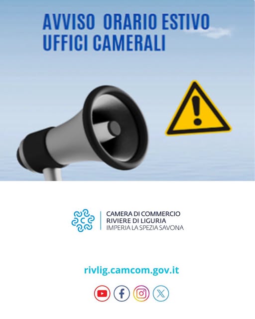 CCIAARIVLIG's tweet photo. AVVISO: Si avvisano gli utenti che dal 13 luglio e al 31 agosto 2026 compresi l'ente non effettuerร l'apertura pomeridiana e gli uffici al pomeriggio saranno chiusi: https://t.co/7J9mTJZ3H9
#cciaarivlig #orarioestivo https://t.co/IXKfwHZLti