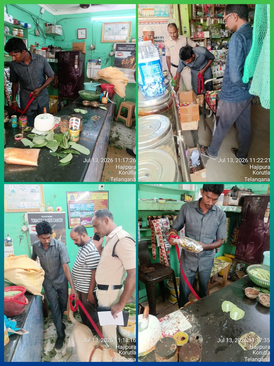 SpJagtial's tweet photo. #కోరుట్ల_పోలీస్_స్టేషన్ పరిధిలోని బస్టాండ్, హోటలు, దుకాణాలు, పాన్ షాపులు & పలు బస్సుల్లో డాగ్ స్క్వాడ్కు చెందిన #నార్కోటిక్_స్నిఫర్ డాగ్స్ సహాయంతో విస్తృత తనిఖీలు నిర్వహించాం.
మాదకద్రవ్యాల వినియోగం & రవాణాను అరికట్టడమే ఈ తనిఖీల ప్రధాన ఉద్దేశ్యం.
#Dial1908
#DrugFreeSociety https://t.co/vWoTDcYuYo